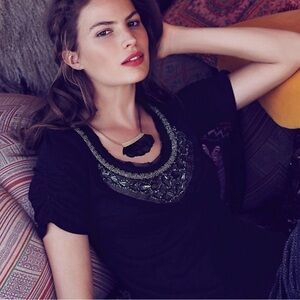 Anthropologie Serefina Feather Statement Necklace 🪶 Dark Green & Gold Stunning